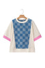 Dusk Blue Checkered Denim Patchwork Short Sleeve Loose Top by Wild and Free Boutique