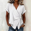 Women's Casual Lapel Collar Lace-Up Short-Sleeve Linen Top by FitiqueFit