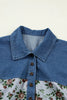 Gray Retro Floral Print Denim Patchwork Buttoned Polo Collar Top by Wild and Free Boutique