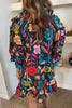 Green 60s Flower Print Ruffle Trim V Neck Mini Dress