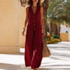 Women's Sleeveless Cotton-Linen Wide-Leg Jumpsuit – Button Pockets by FitiqueFit
