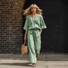 Women's Linen Button-Up Cardigan & Wide-Leg Pants Set – 2-Piece Outfit by FitiqueFit