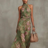 Green Graffiti Print Mesh Suspender Maxi Dress – High-Waist Irregular Slit Streetwear Dress by FitiqueFit