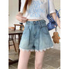 Plus-size Lace-trimmed High-waisted Denim Shorts by My Store