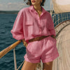 Cotton-Linen Loose-Fit Button-Down Shirt and Shorts Casual Set by FitiqueFit