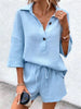 Women's Notch-Lapel Short-Sleeve Top & Belted Shorts Two-Piece Set by FitiqueFit