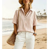 Women's Striped Short-Sleeve Shirt with Turn-Down Collar by FitiqueFit