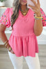 Sachet Pink Frilled V Neck Flower Embroidered Puff Sleeve Textured Blouse by Wild and Free Boutique