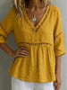 Women's V-Neck Hollow-Out Fringe Cotton-Linen Top by FitiqueFit