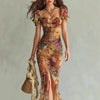 V-Neck Waist-Cinched Ruffle Hem Maxi Dress – Bodycon Long Dress in Orange by FitiqueFit