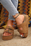 Beige Suede Buckle Decor Corky Platform Sandals