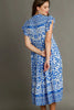Blue Full Size Two-Tone Print Ruffle Cap Sleeve Midi Dress Plus Size Statement Piece Dress by Stevvex