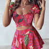 Flower Print Bubble Sleeves With Exposed Navel Short Top, Pleated Short Skirt Set by FitiqueFit