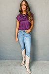 Violet Solid Color Pleated Flutter Sleeve Satin Blouse