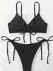 Bikini Solid Rib Knit 2 Piece Swimsuit – Ring Link Tie Front Triangle Bikini Set for Women – Hollow Out High Stretch V-Neck Top with Tie Side Bottoms – Trendy Beach & Pool Swimwear for Summer by Stevvex