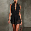 Lace Spliced V-Neck Mini Dress – Sleeveless High-Waist Ruffle Dress for Women by FitiqueFit