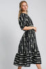 Bow Tie Print Notched Contrast Velvet Trim Midi Dress–Elegant Bow Tie Print, Modern Notched Neckline, Luxurious Velvet Trim, Sophisticated Midi Dress for Special Events by Stevvex