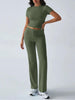 Crew Neck Short Sleeve Top & Full-Length Pants Set – Solid Color, 10 Colors by FitiqueFit