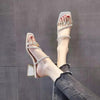 Women's Korean Style Rhinestone Single Strap Slide Sandals – Mid Chunky Heel by FitiqueFit
