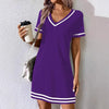 Women's Contrast-Color V-Neck A-Line Dress – Short Sleeve, Elegant, Mid-Rise by FitiqueFit