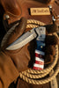 Patriot Damascus Folding Knife 7” opened – American Flag Handle with Leather Sheath by JW SteelCrafts