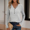 Women's Solid Color Button V-Neck Long Sleeve Knit Top by FitiqueFit
