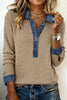 Beige Ribbed Knit Denim Patchwork Button Polo Collar Cuffed Long Sleeve Top by Wild and Free Boutique