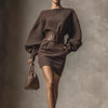 Women’s Brown Bodycon Mini Dress — Boat Neck, Long Sleeve by FitiqueFit