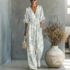 Women's Waist-Cinched V-Neck Printed Wide-Leg Jumpsuit by FitiqueFit
