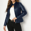 Women's Solid Color Long Sleeve Stand Collar Faux Leather Blazer by FitiqueFit