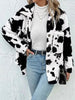 Trendy Black White Cozy Cow Print Collared Neck Button Up Fuzzy Jacket Modern & Warm Outerwear by Stevvex