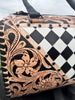 Luxe Tooled Leather Midnight Rhinestone Stud Checkered Speedy Bag by Neon Spur