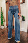 Sail Blue High Waist Jeans With Button Fly And Raw Hem