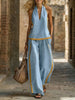 Women’s Contrast Color Sleeveless Vest and Wide-Leg Pants Set by FitiqueFit