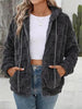 Dark Gray Women Checkered Pattern Jacket Comfy Textured Zip-Up Drawstring Fuzzy Jacket by Stevvex