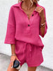 Women's Notch-Lapel Short-Sleeve Top & Belted Shorts Two-Piece Set by FitiqueFit