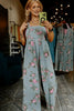 Beau Blue Floral Print Pleated High Waist Wide Leg Denim Jumpsuit by Wild and Free Boutique