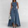 Women’s Crew Neck Sleeveless Wide-Leg Denim Jumpsuit by FitiqueFit