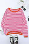 Pink Contrast Trimmed Striped Drop Shoulder Sweater