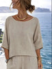 Women's Cotton Linen Resort Set – Short Sleeve Top & Wide-Leg Pants by FitiqueFit
