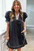 Black Leopard Trim Notched Neck Short Puff Sleeve Shift Mini Dress by Wild and Free Boutique