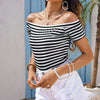 Ladies' Off Shoulder Striped Top Casual One Shoulder Shirt by FitiqueFit