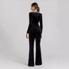 Women’s Diamond-Encrusted Square-Collar Flared Jumpsuit by FitiqueFit