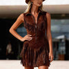 Women's Suede Western Tassel Sleeveless Slim-Fit Midi Dress by FitiqueFit