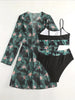 Bikini 3 Piece Tropical Print Swimsuit Set – High Stretch Comfortable Women's Bikini with Crew Neck Mesh Cover-Up – Chic Vacation Beachwear for Summer Casual Style & Poolside Glamour by Stevvex