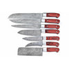 7-Piece Damascus Kitchen Knife Set — Chef, Nakiri, Bread Knife and Cleaver, Red Pakka Wood Handles by JW SteelCrafts