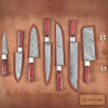 7-Piece Damascus Kitchen Knife Set — Chef, Nakiri, Bread Knife and Cleaver, Red Pakka Wood Handles by JW SteelCrafts