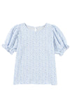 Light Blue Boho Floral Print Smocked Puff Sleeve Blouse
