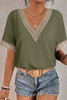 Green Lace Trim V Neck Short Sleeve Blouse by Wild and Free Boutique