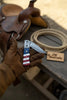 Patriot Damascus Folding Knife 7” opened – American Flag Handle with Leather Sheath by JW SteelCrafts